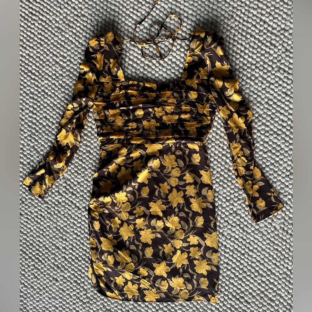 Brown and yellow flower satin dress. Floret studios. Size medium.
